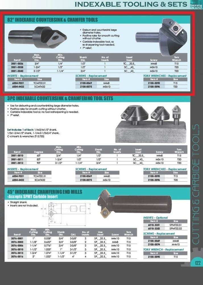1/2-1-3/4 Inch Indexable Countersink & Chamfer Tool, 82 Degree