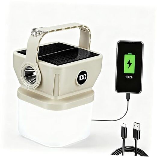 Solar Camping Lantern - Dual Charging (USB-C & Solar), Battery Display, 3