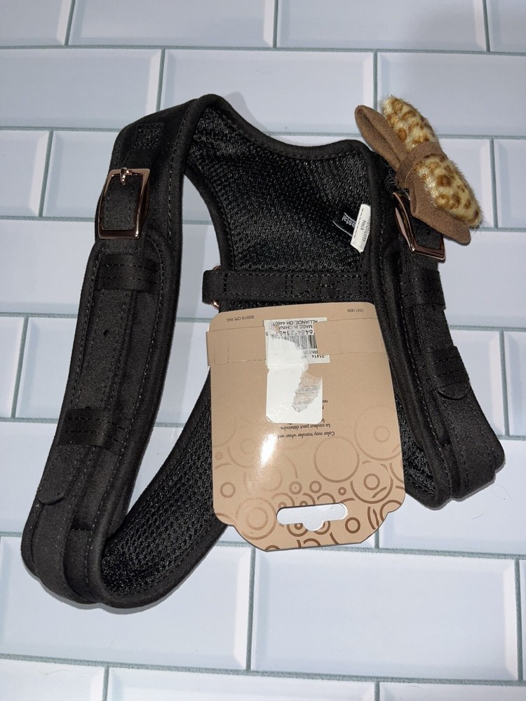 Coastal Accent Black Harness W/Leopard Bow Medium M 20”-24” NWT