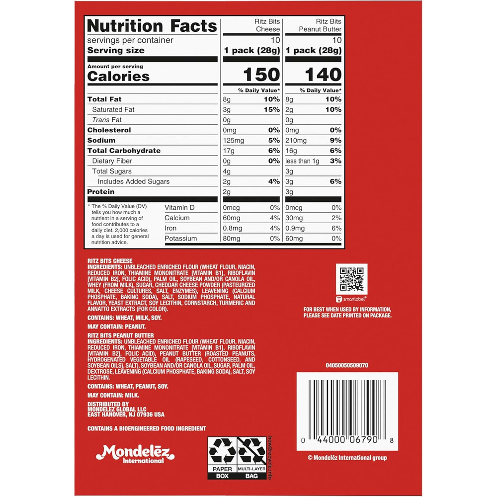Bits Cheese and Bits Peanut Butter Sandwich Crackers Variety Pack, Lunch Snacks