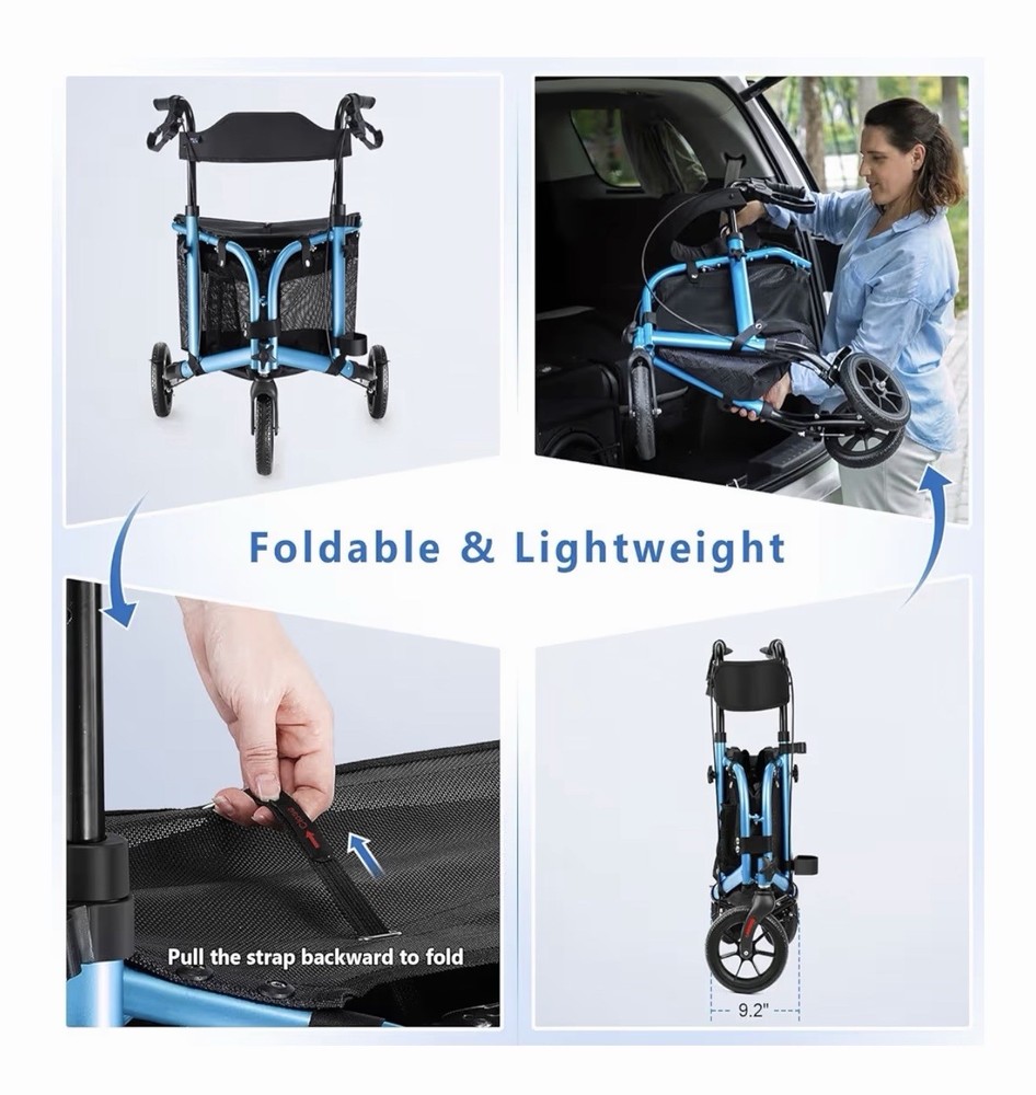 WALK MATE 3 Wheels Rollator Walker 10Lb SeatBackrest Lightweight Foldable Blue