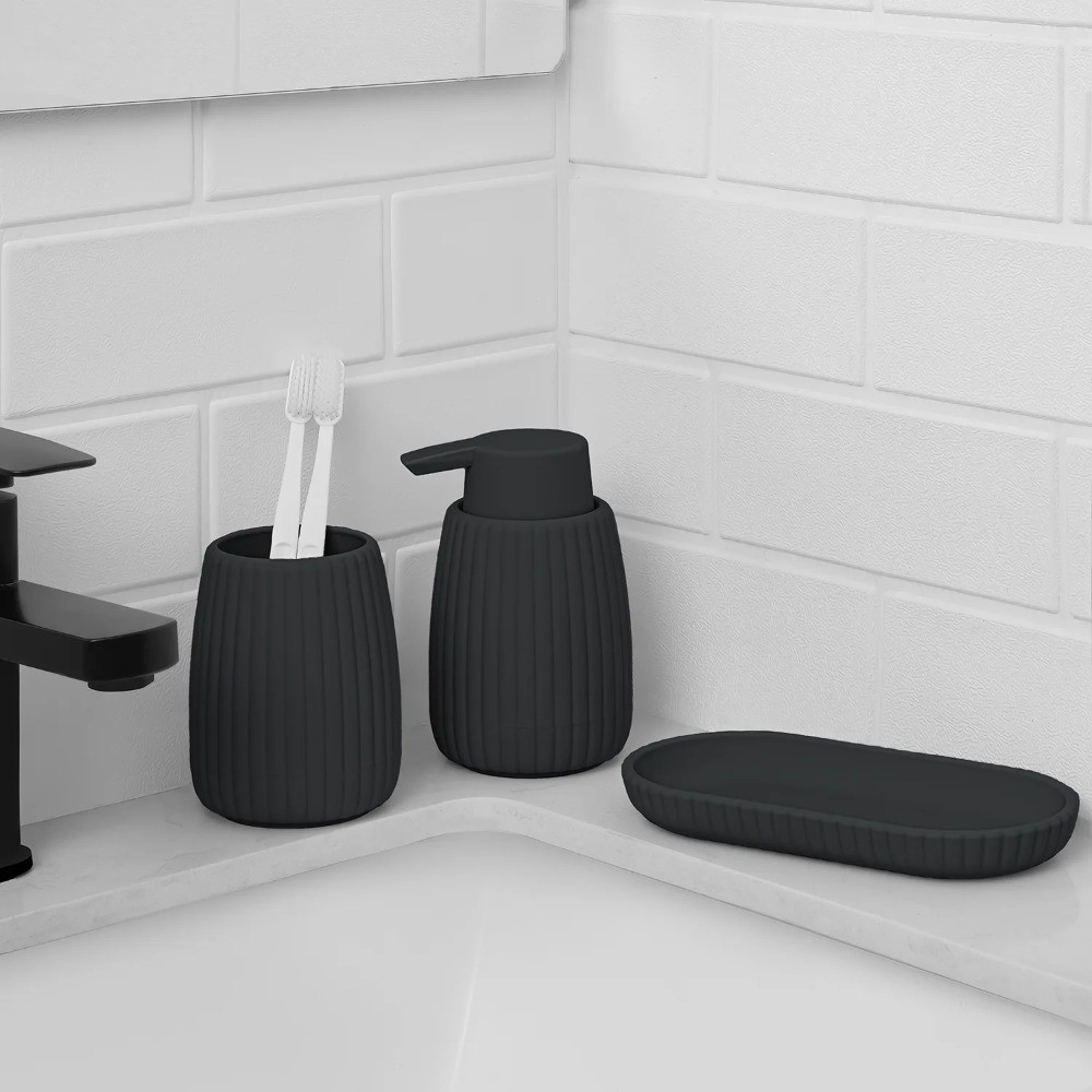 Rubberized Plastic Ribbed Soap Dispenser Pump in Black