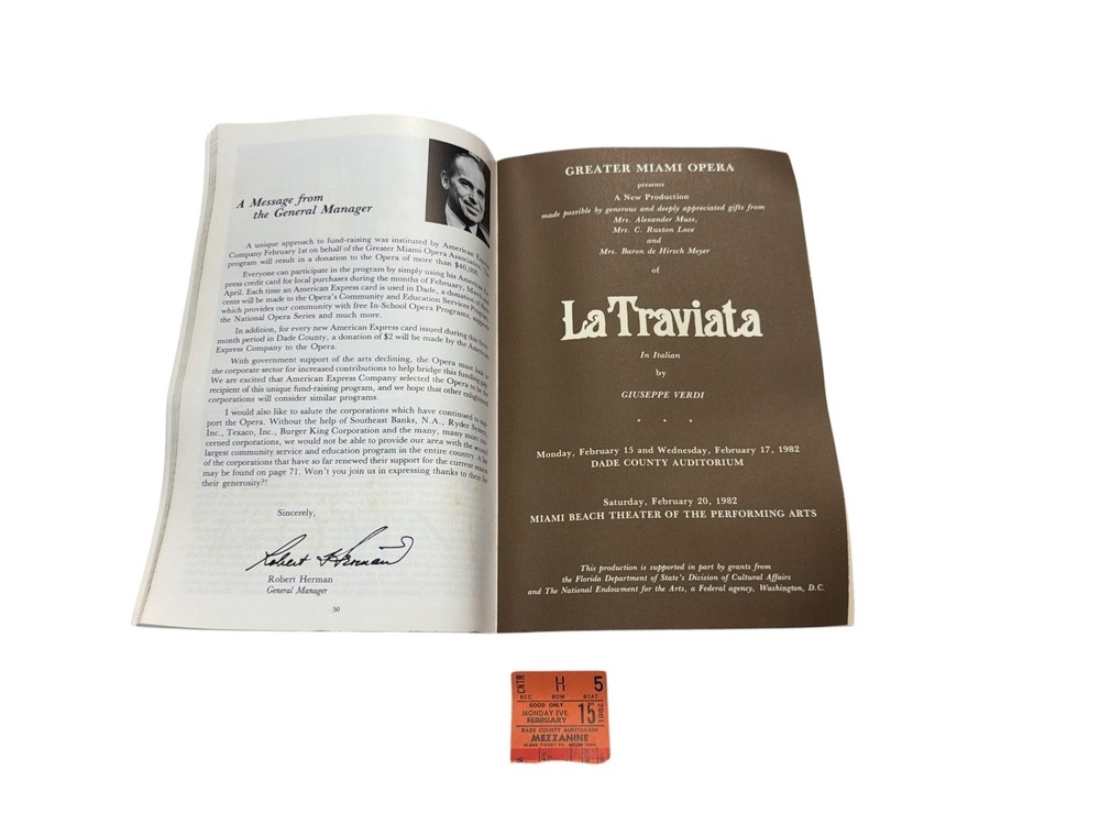 1982 La Traviata Opera Program Miami + Ticket Stub Dade Auditorium