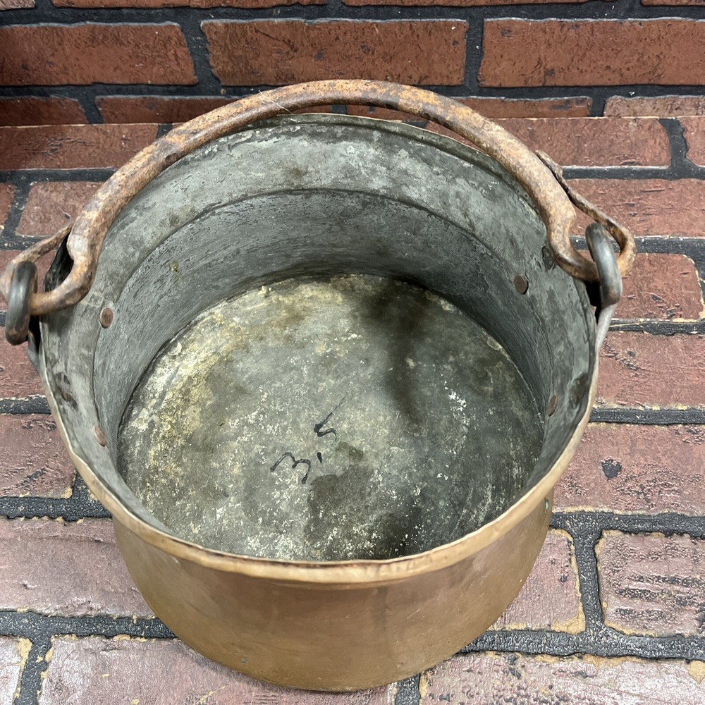 Antique Copper Cauldron Fireplace Kettle Pot w/forged iron handle