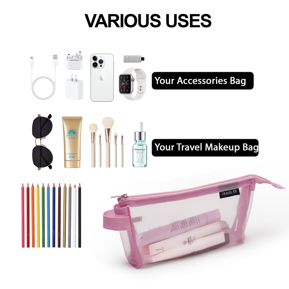 2-Pack Grid Mesh Pencil Case with Handle and Zipper, Double Layer Clear Pencil