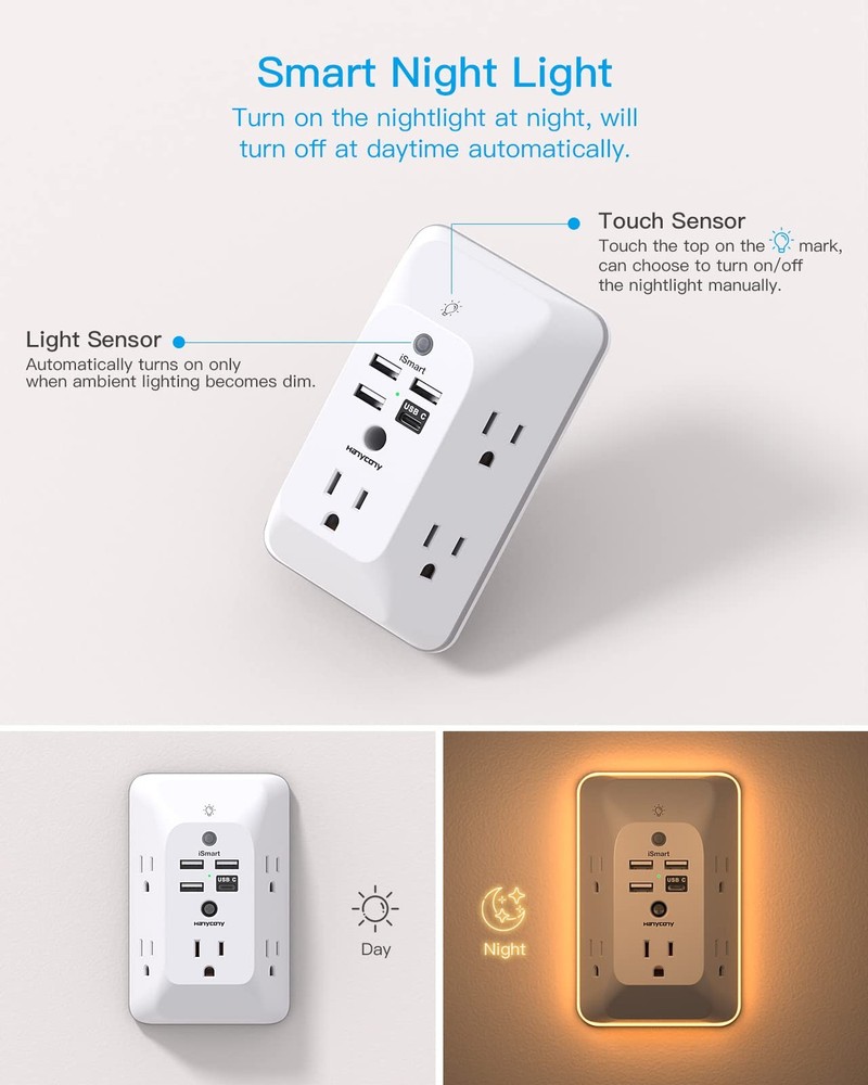 Outlet Extender with Night Light, HANYCONY Multi Plug Outlet, 1 USB C, White