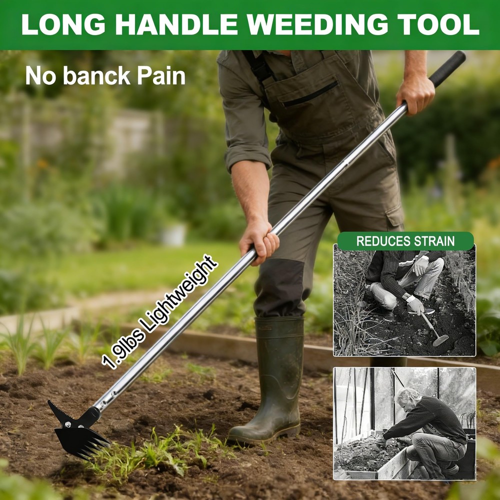Weed Puller 61" Adjustable Long Handle,2-in-1 Weed Rake & Crack Weeder with D...