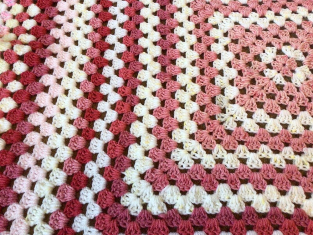 Handmade Pink White Crochet Blanket. 47” x 38”
