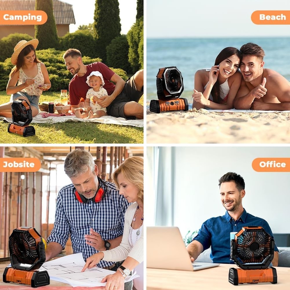 Camping fan, rechargeable, with 4 wind speeds, remote control function