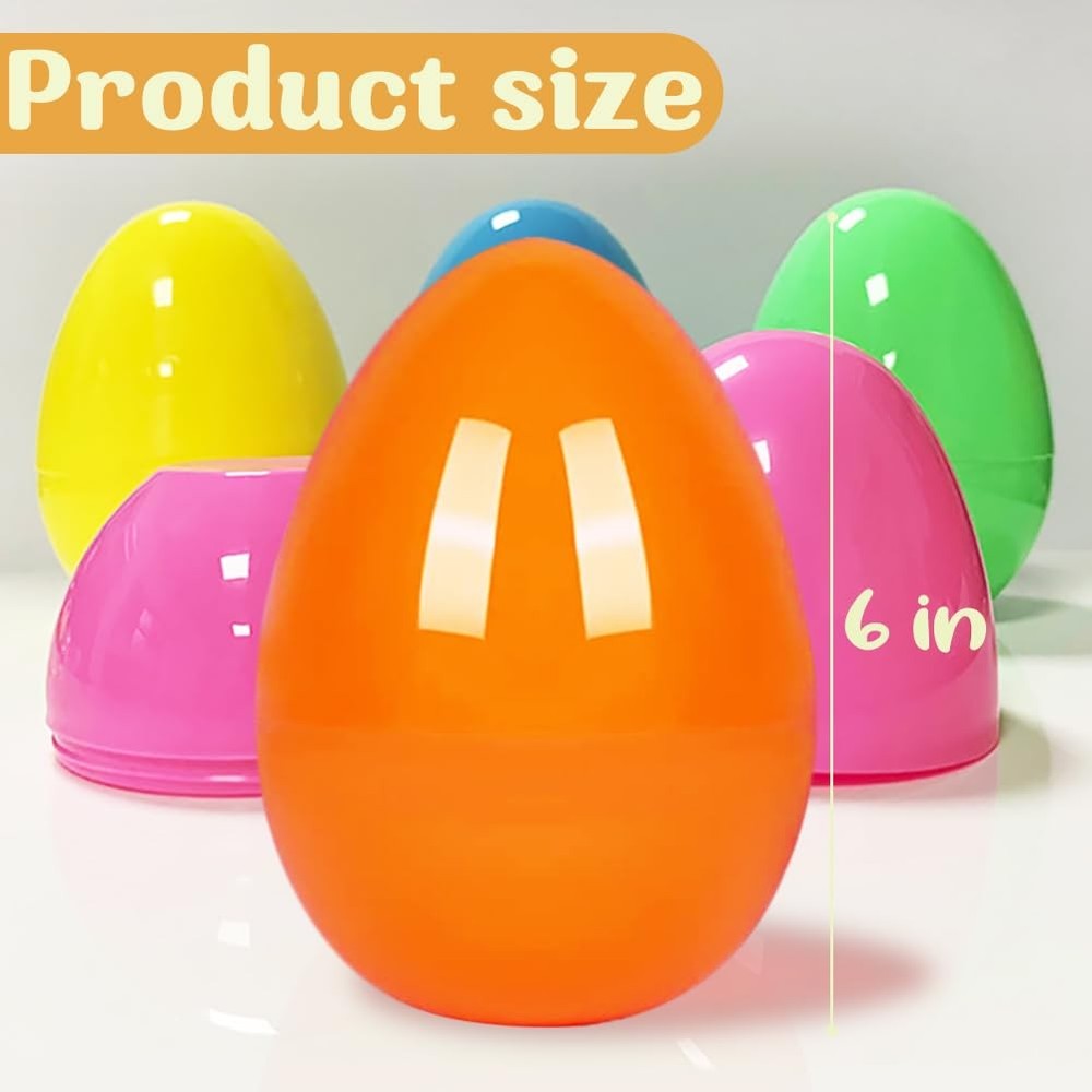 12Pcs Jumbo Plastic Bright Easter Eggs, 6’’ Fillable Assorted Solid Colors Em...