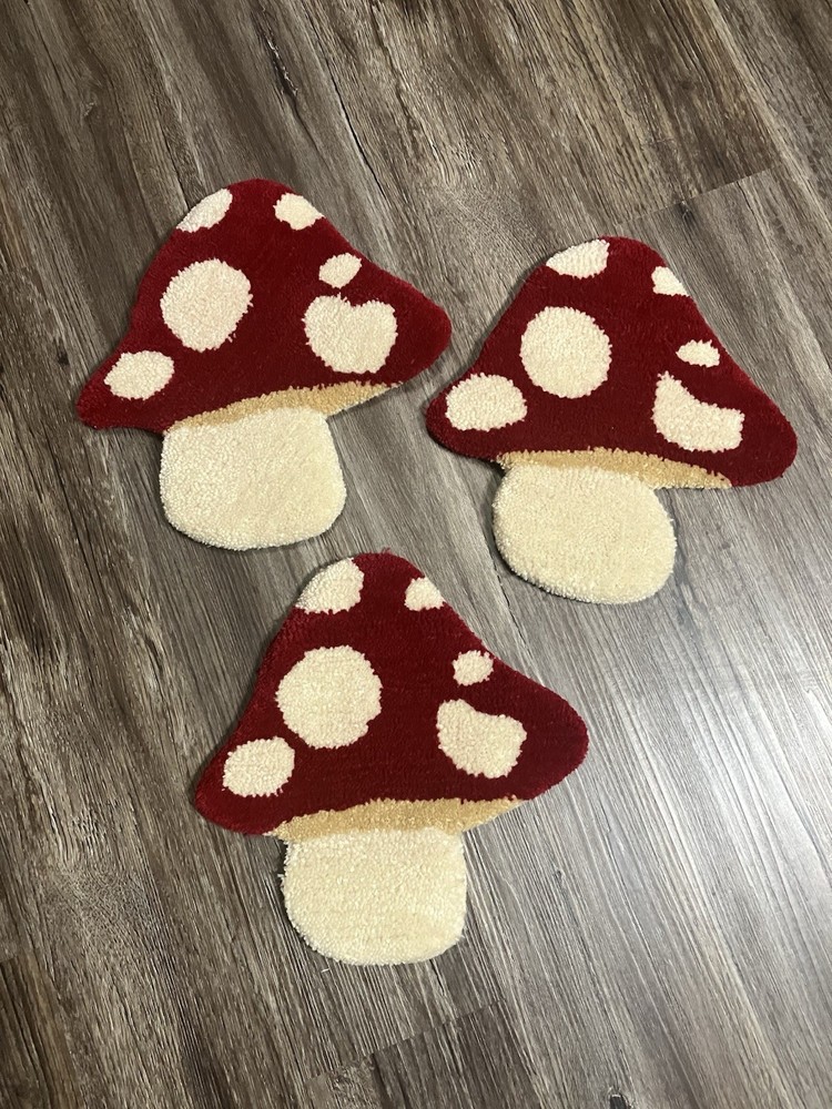 3 Mushroom Small Carpet/wall Decor. Approximately 11”x11”
