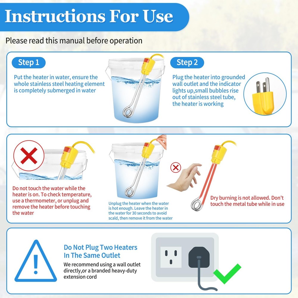 1000W Immersion Water Heater Portable Bucket Heater with 304 Stainless Steel ...