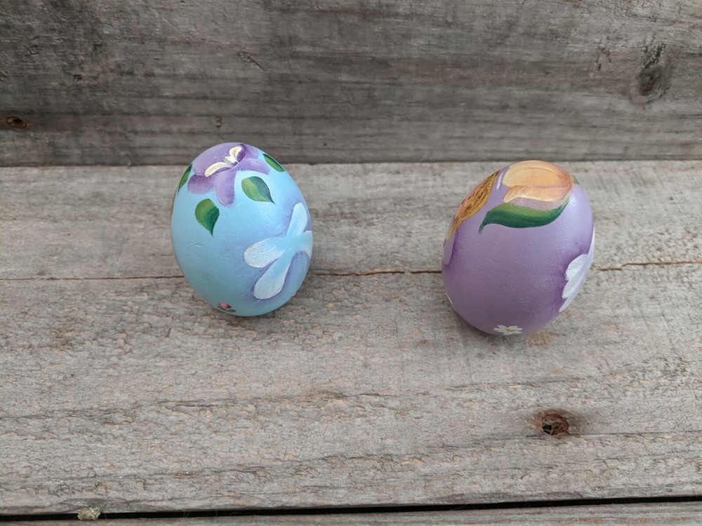 Pair of Hand Painted Wooden Spring Time Easter Eggs
