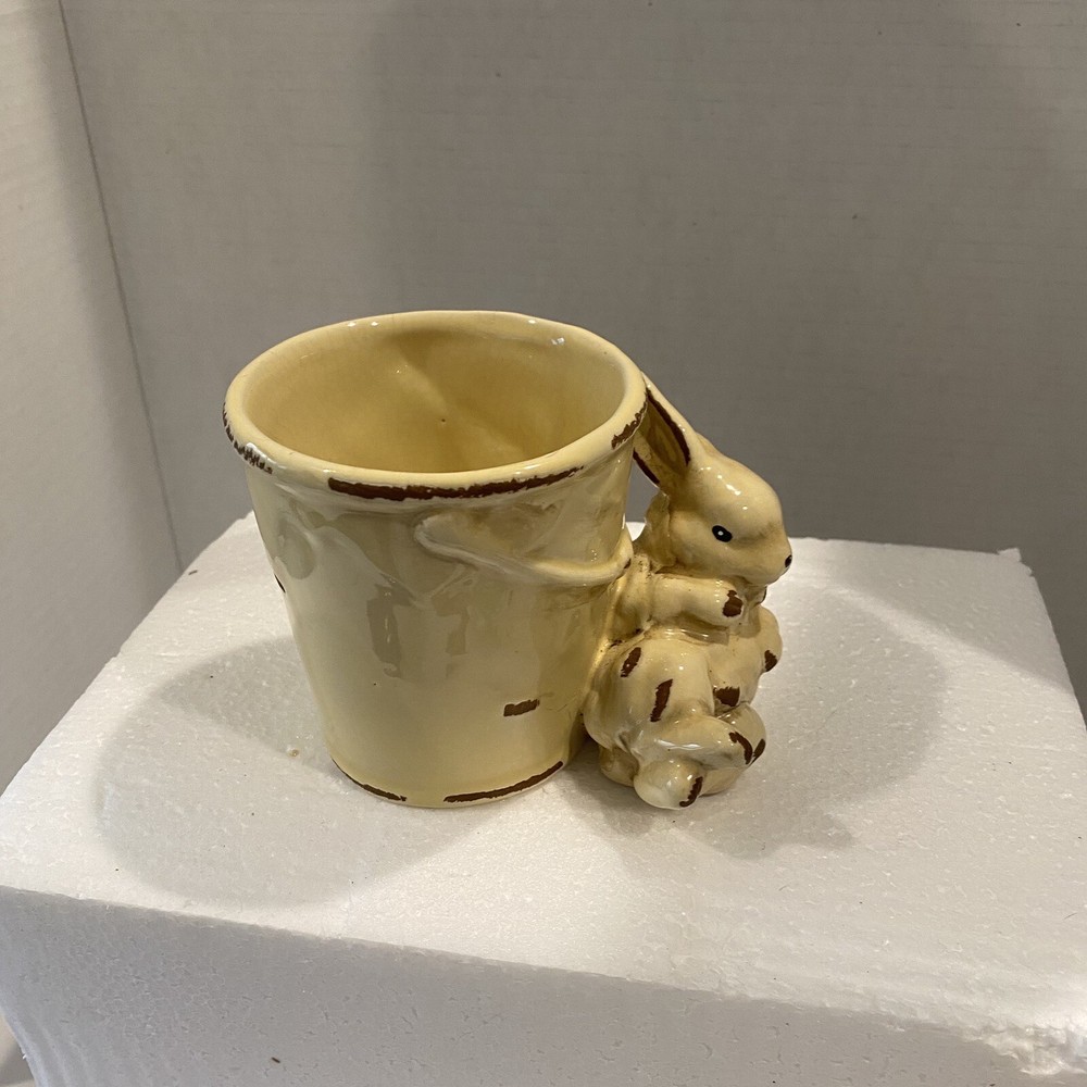 Rustic Yellow Bunny Rabbit on Pail Ceramic Small Planter