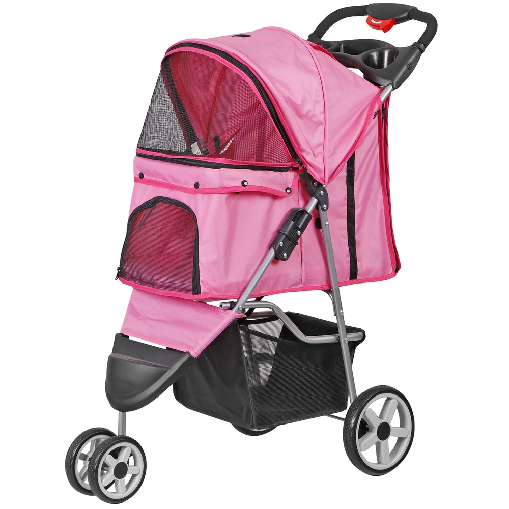 Dog Stroller 3 Wheels Foldable Pet Stroller w/Storage Basket & Cup Holder Pink