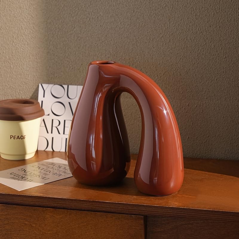 Brown Ceramic Decorative Pitcher Vase, 7.5 in â€“ Glossy Sculptural Arch-Handle