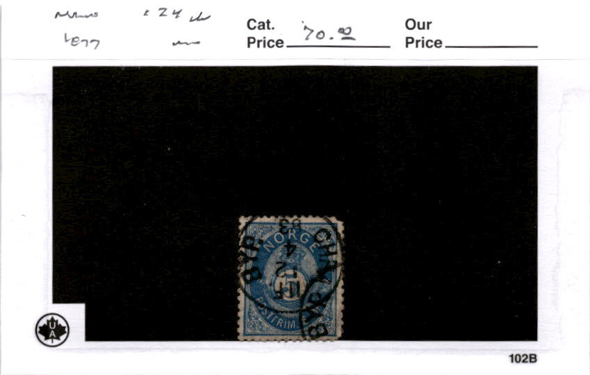Norway, Postage Stamp, #24b Used, 1877 Post Horn (AB)
