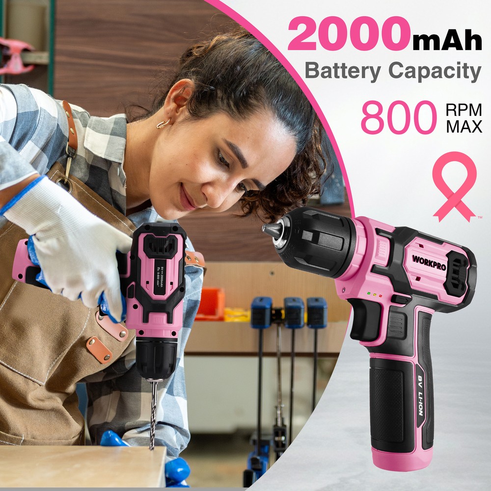 WORKPRO Pink 8V Power Drill Set with 53pcs Bit Set with 3/8" Keyless Chuck