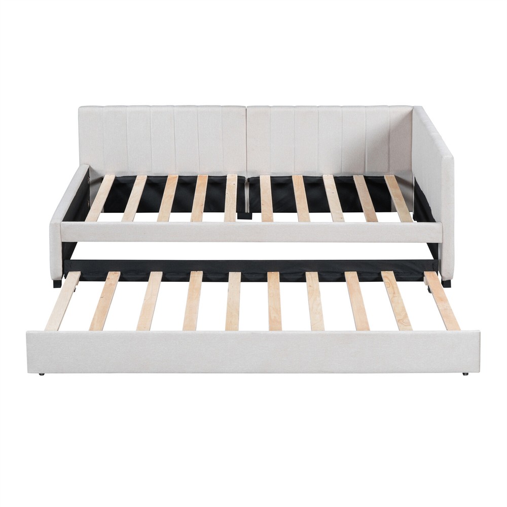 Twin Size Daybed w/ Pull Out Trundle Linen Upholstered Bed Frame Sofa Bed