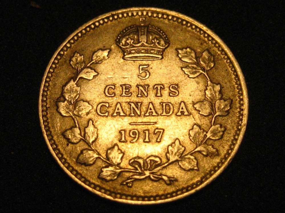 1917 Canadian Five Cent 92% Silver Piece AU