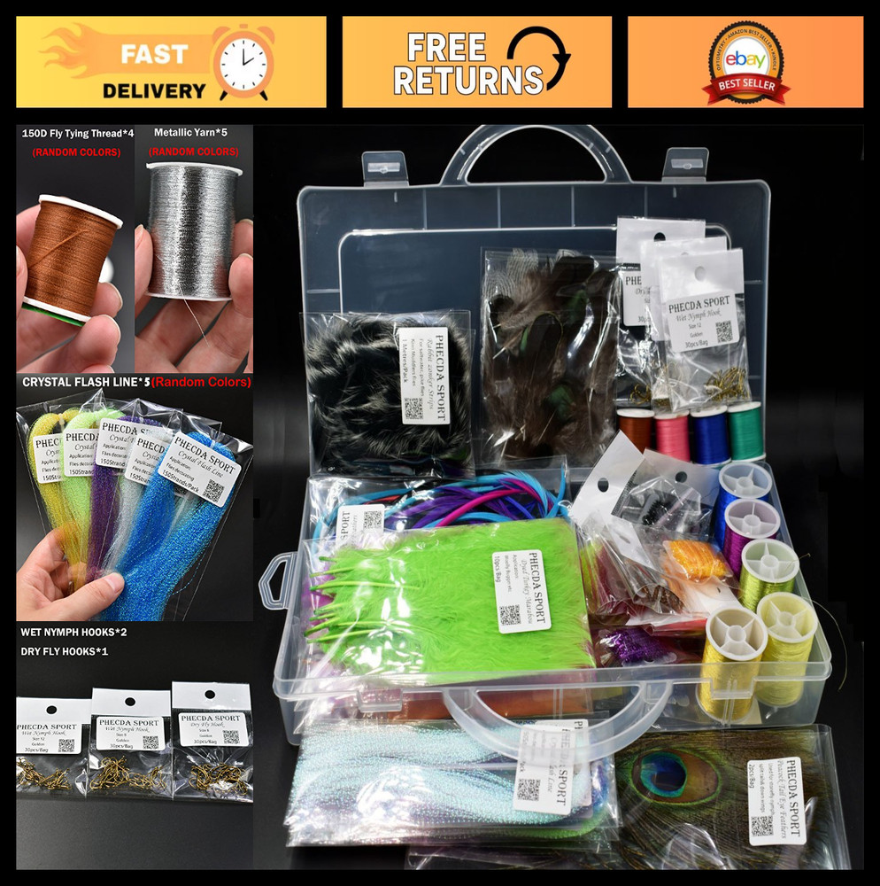 Fly Tying Starter Kit - Feathers, Fur, Thread, Crystal Flash, Hooks & Materials