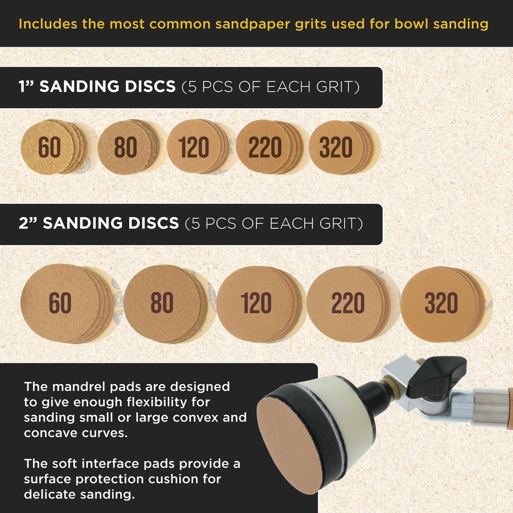 1" & 2" Bowl Sander Set with Hook & Loop Sanding Discs - Woodworking Supply