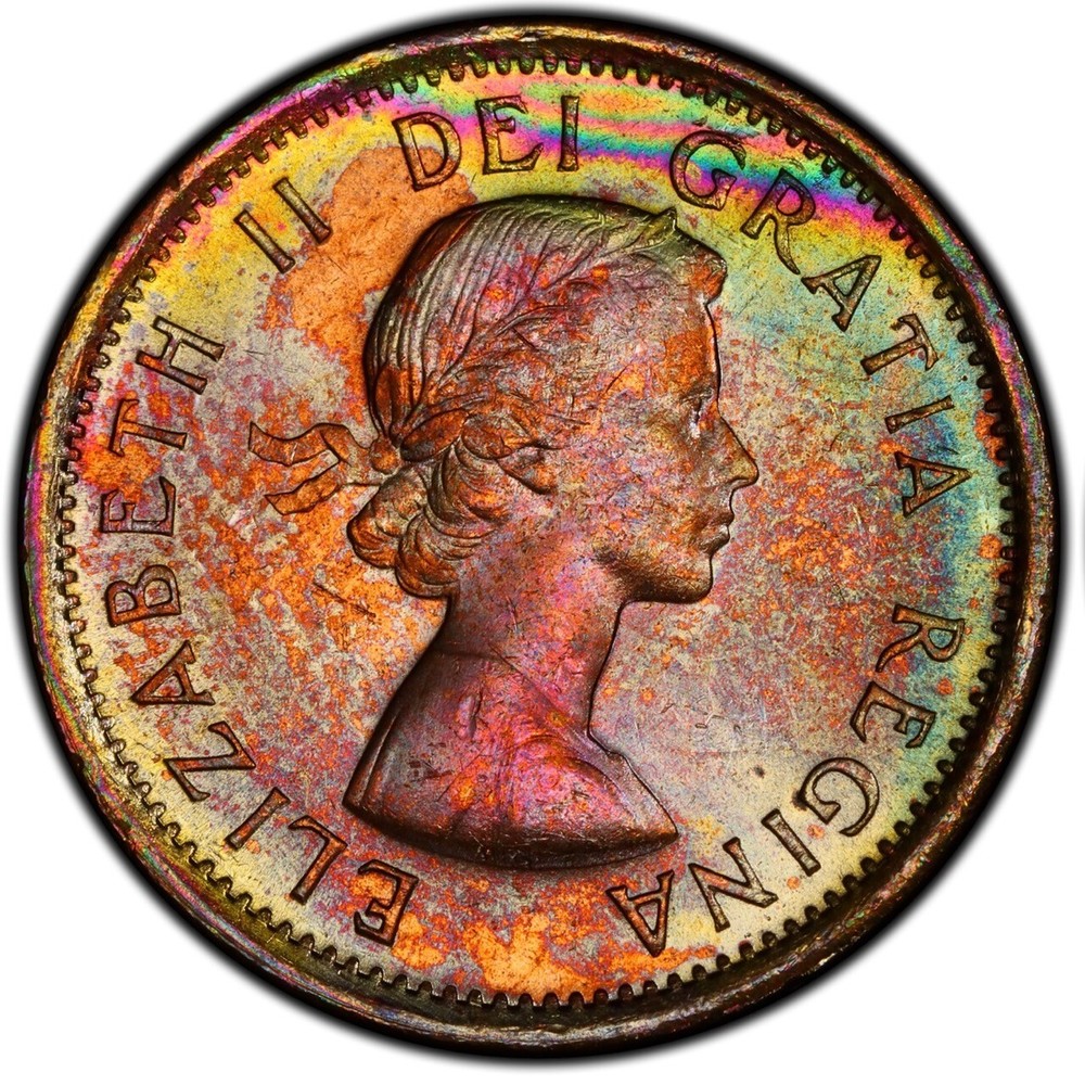 MS64RB 1964 Canada 1C Maple Leaf Cent, PCGS Trueview- Pretty Rainbow Toned