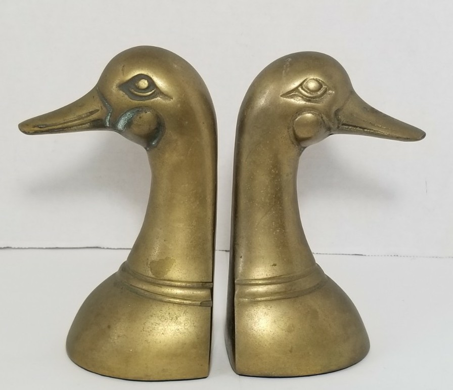 Vintage Solid Brass Mallard Duck Heads Bookends Pair Set
