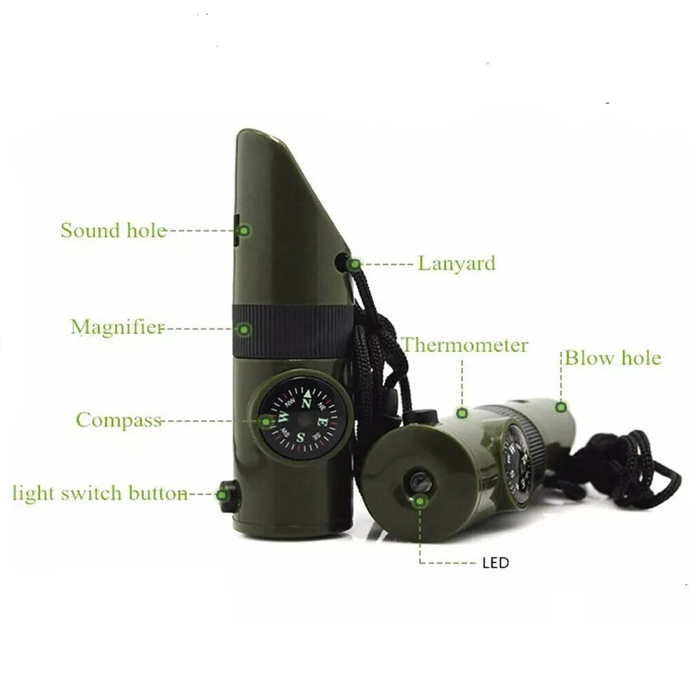 2PCS 7 in 1 Camping Survival Whistle Compass Thermometer Flashlight Magnifier