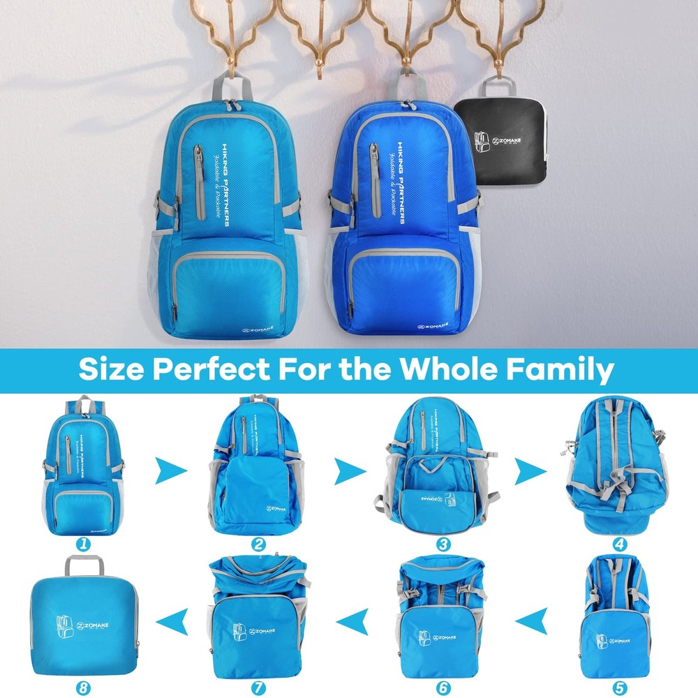 35L Lightweight Packable Backpack, Light Blue, Foldable, Water Resistant, Hike