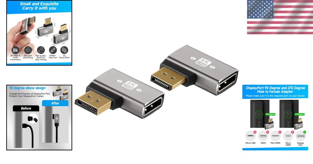 8K DisplayPort 1.4 Adapter - 90° & 270° Right Angle Dual Pack Connector