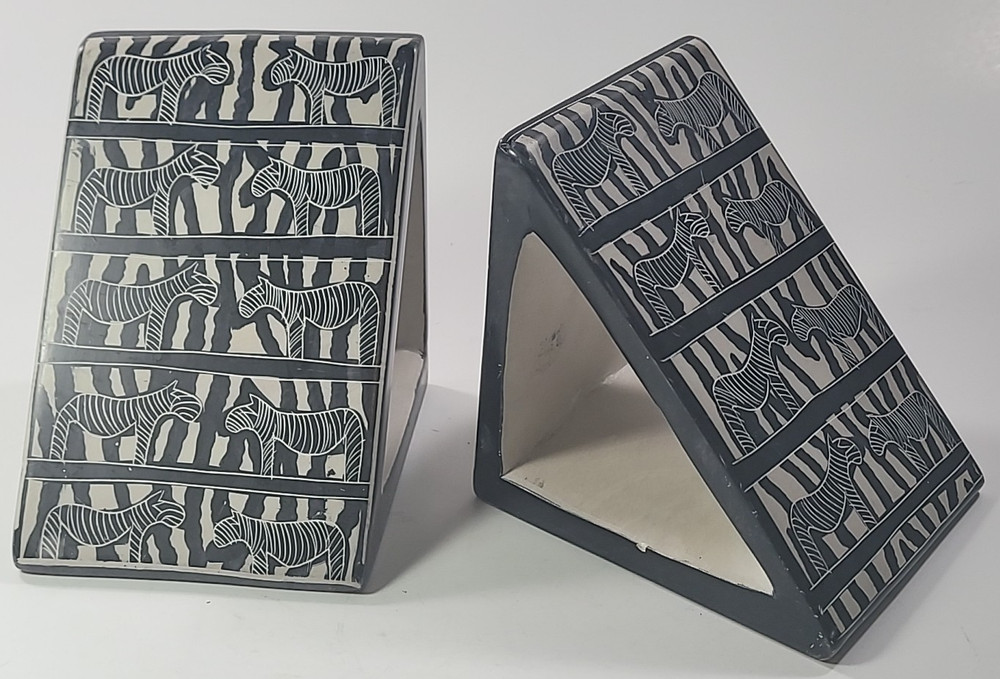 Zebra Pattern Bookends Hand Carved Besmo Stone Triangle Shape Kenya Book Ends