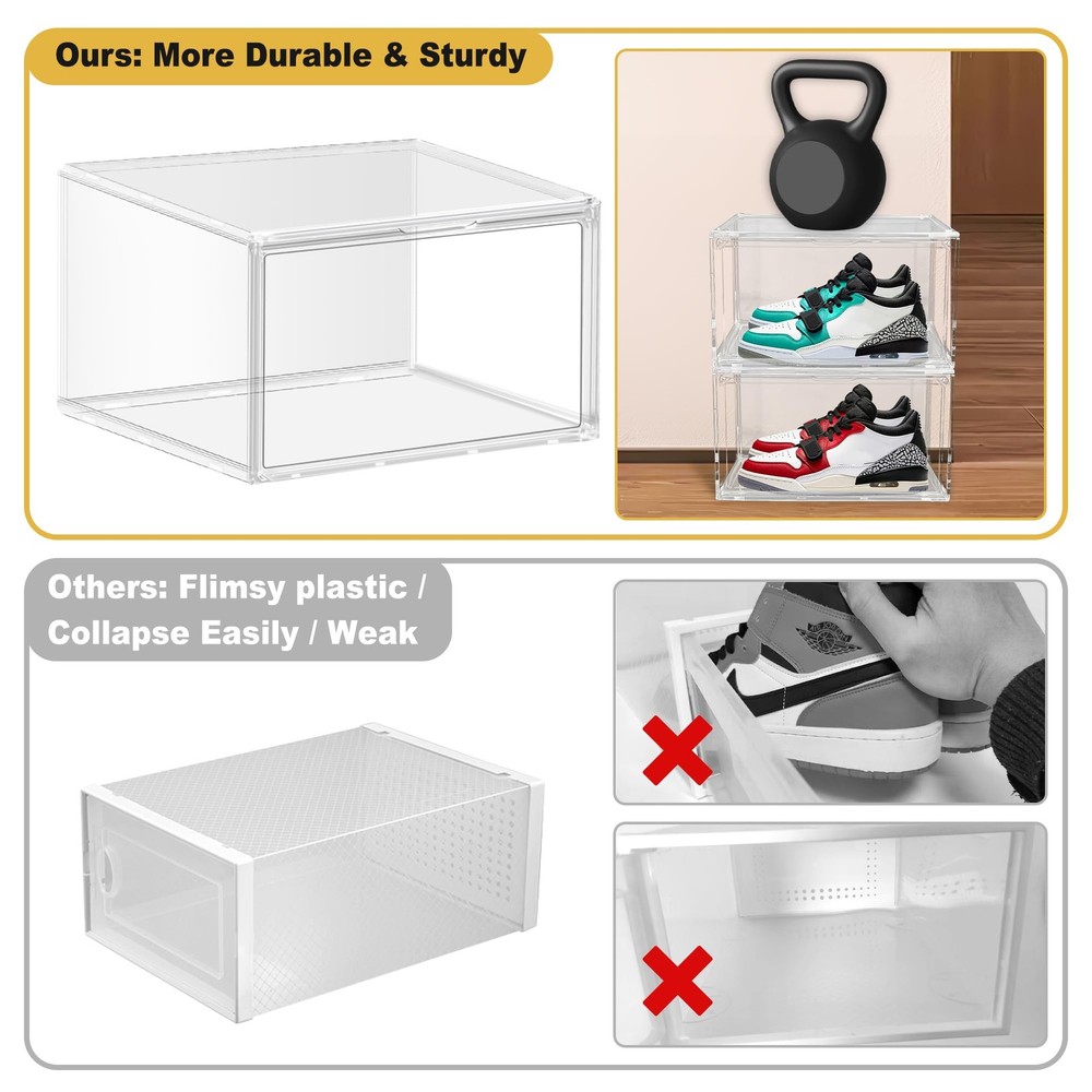 1 Pack Plastic Shoe Storage Boxes Fit US Size 13, Clear Stackable Shoe Displa...