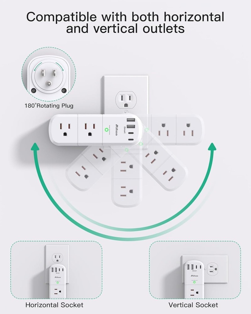 Surge Protector Outlet Extender with Rotating Plug, 6 AC Multi Plug Wall Outl...