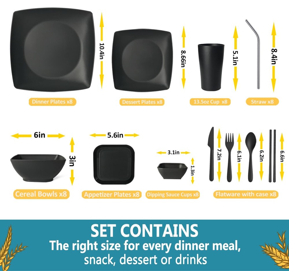 Teivio 88-piece With Flatware Plastic Kitchen Wheat Straw Square Dinnerware Set