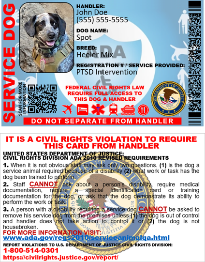 SERVICE DOG ID CARD ADA 2 SIDED CUSTOMIZABLE PHYSICAL & DIGITAL CARD