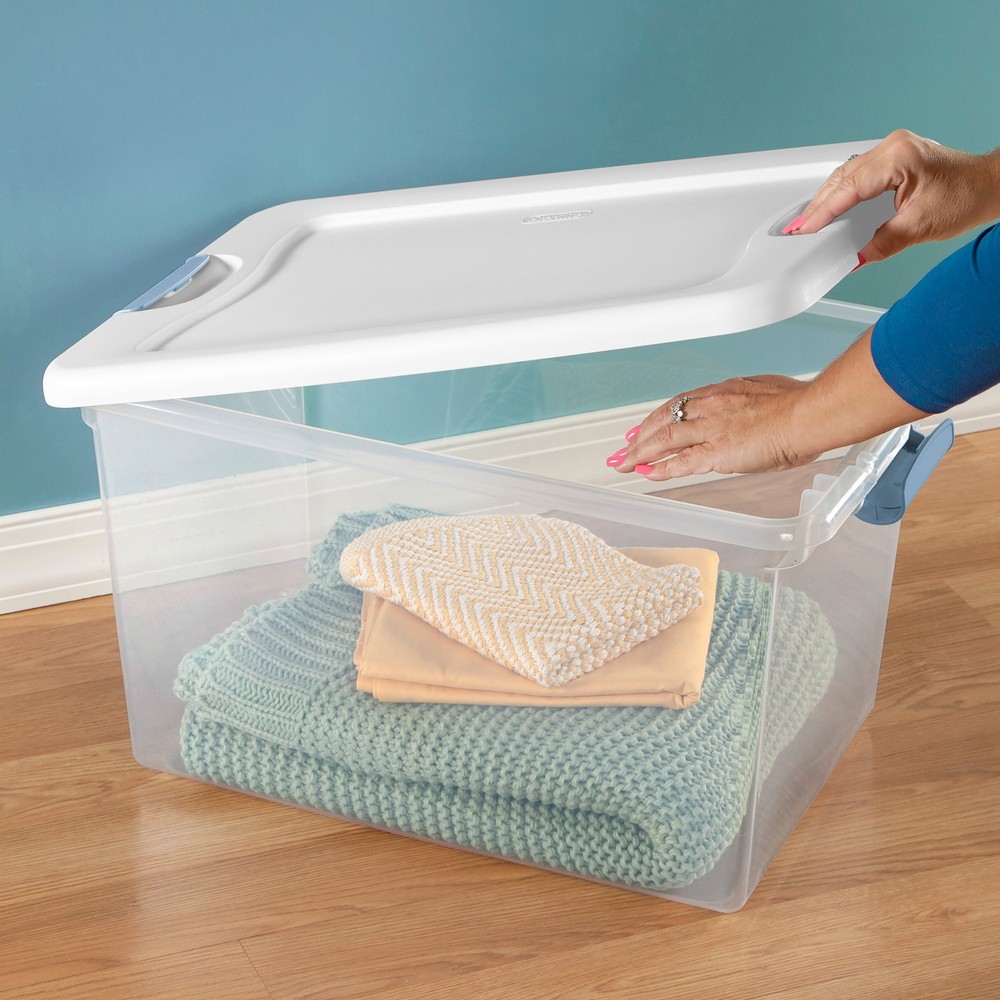 Sterilite 64Qt Latching Box Stackable Storage Container with Lid, White, 12 Pack