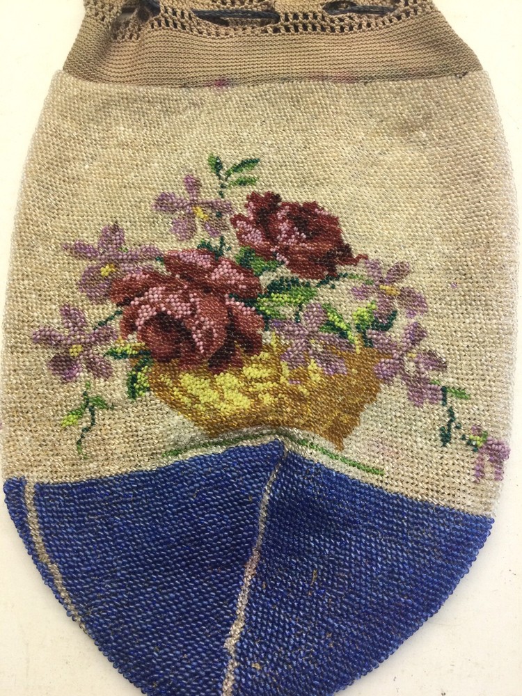 Antique Beaded Roses Drawstring Bag Purse