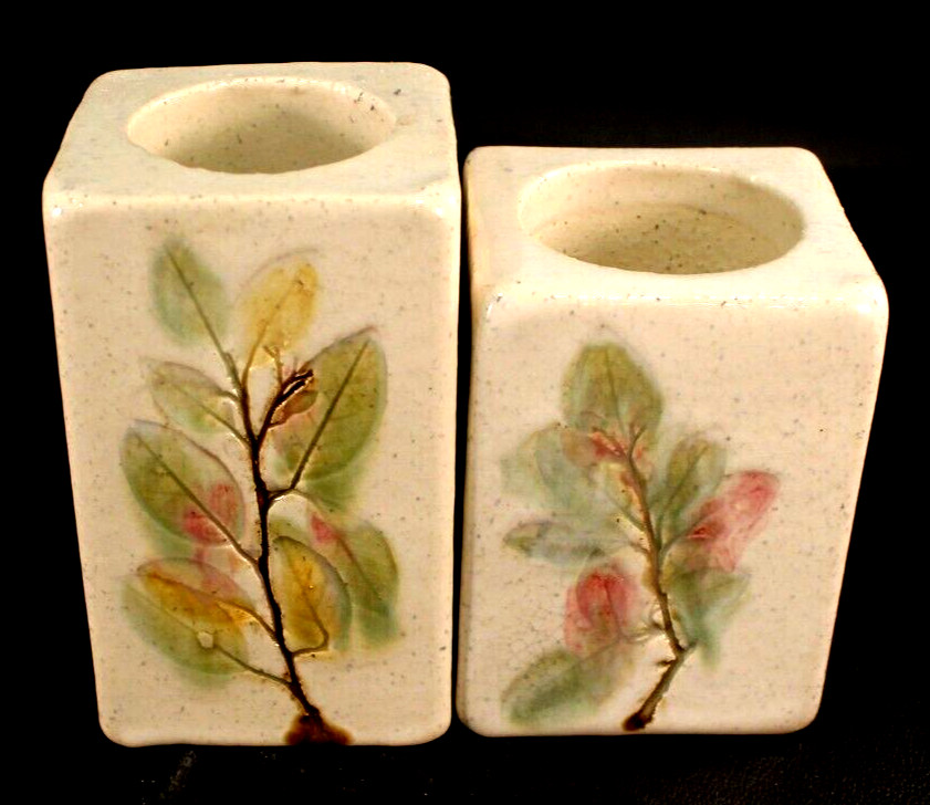 Leaf Impressed 2 Vases / Planters 4" Tall Organic Signed Rectangular EXCELLENT