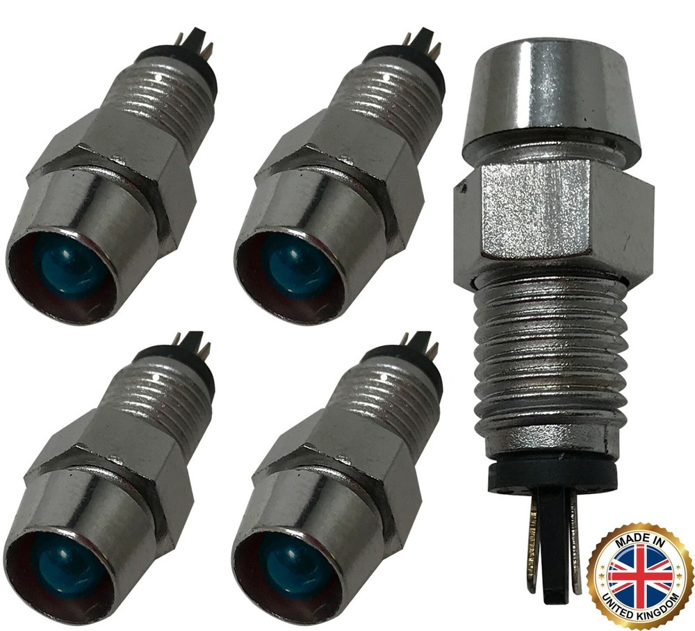5 Pack of Universal 12V Blue LED Lamp Dash Panel Pilot Indicator Light - Chrome