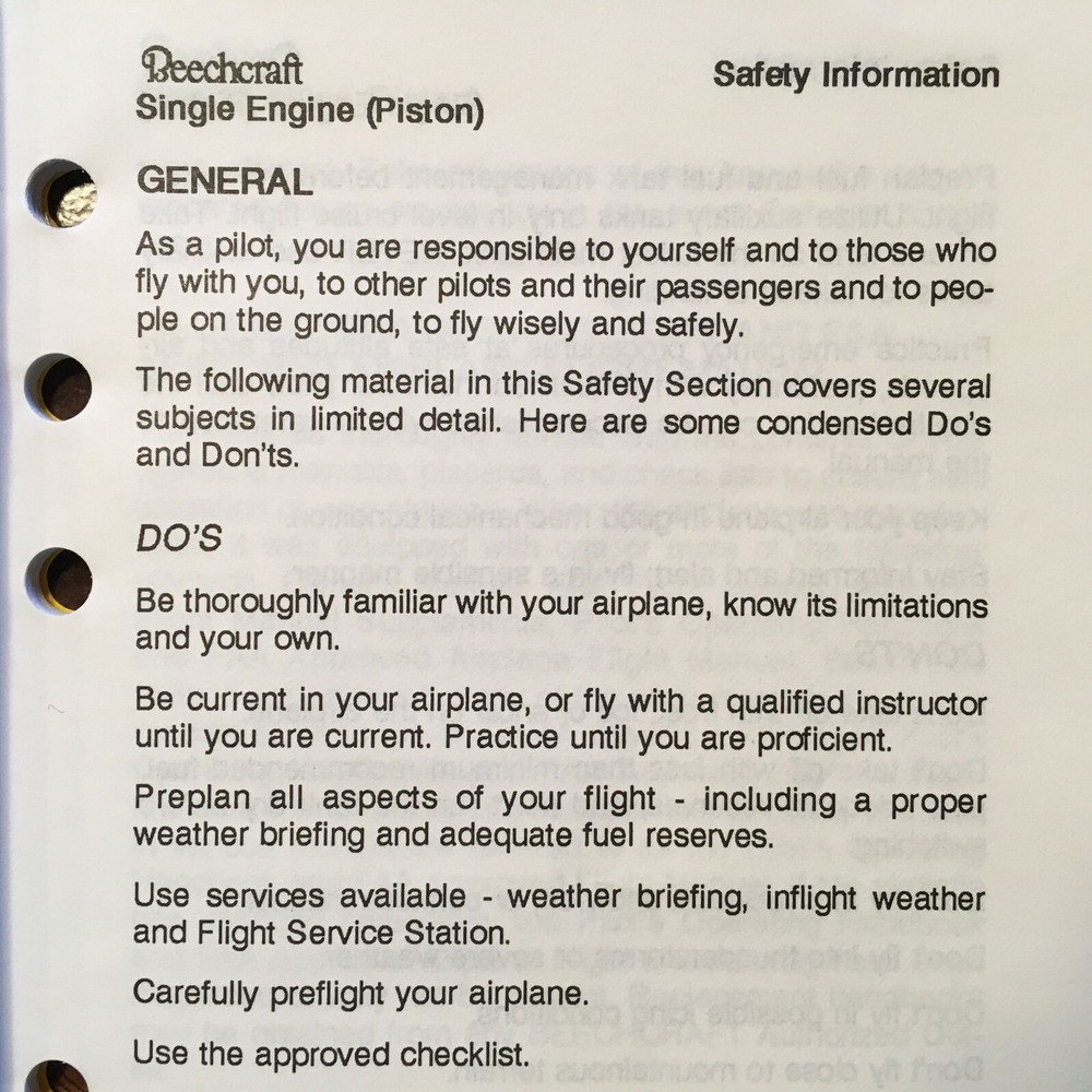 Beechcraft Single Engine (piston) Airplanes Safety Information Booklet