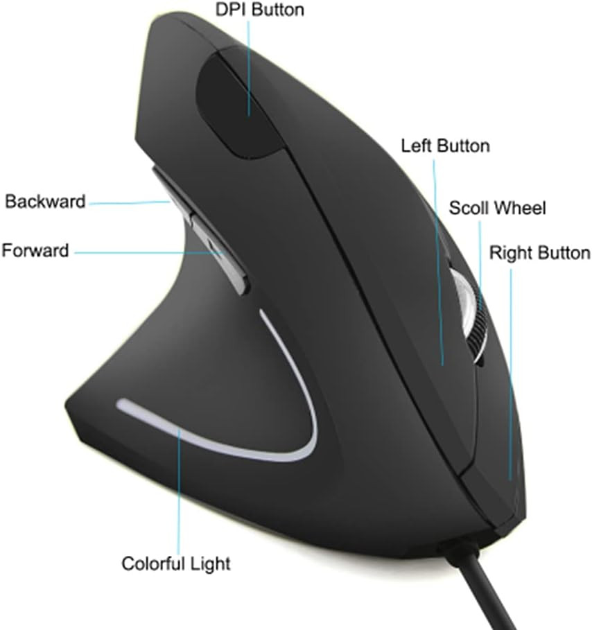 Ergonomic Vertical USB Wired Mouse, Left Handed Optical Mouse, 3 Adjustable DPI