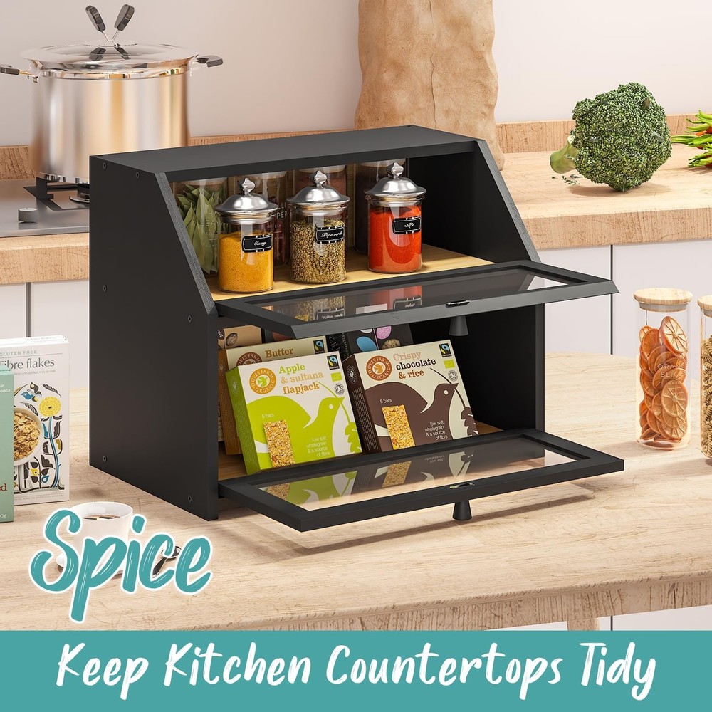 Black Bread Box for Kitchen Counter, Large Bread Storage Container, Double La...