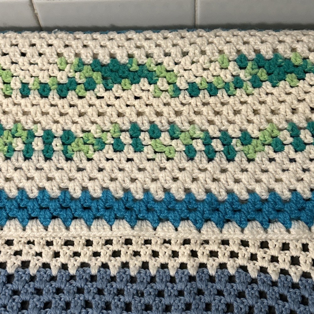 Wool Crochet Blanket Throw Handmade Blue White Green Pattern 150cm X 160cm