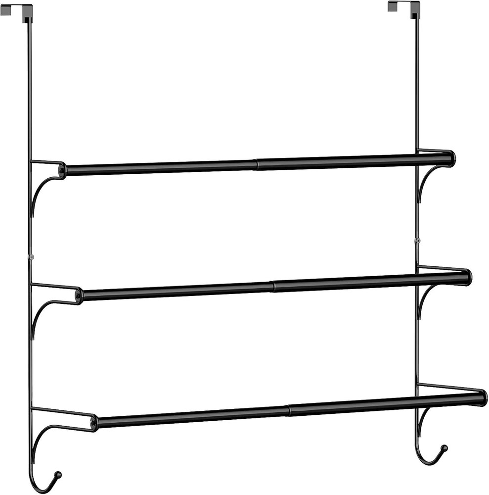 Versatile Black Adjustable Towel Rack with Hooks for Small Spaces - Easy Install