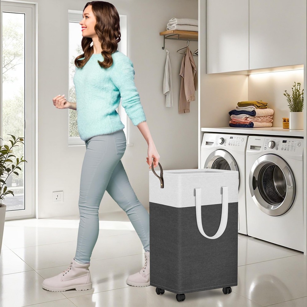 75L Waterproof Rolling Laundry Hamper - Collapsible Clothes Basket with 4 Whe...