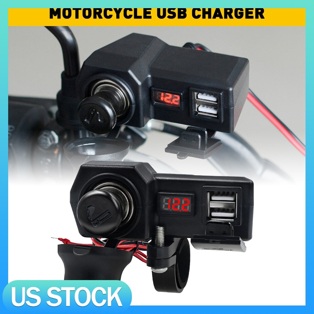 Motorcycle Handlebar Dual USB Phone Charger Cigarette Lighter Socket Voltmeter
