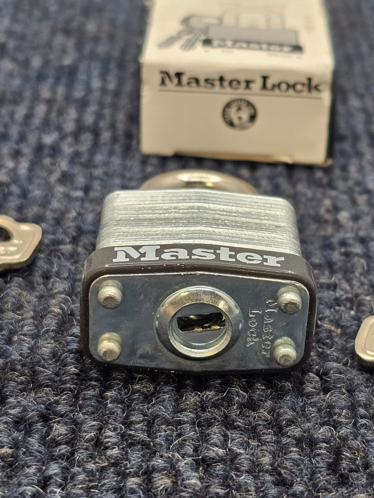 (QTY 4) Master Lock Padlock Rectangular Silver Steel 1-1/8"H W/ Keys