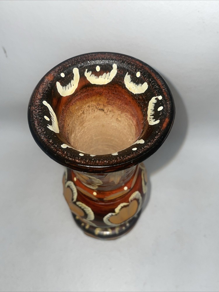 Solid Wood Hand Turned Incised Floral Design Vase 7.5”