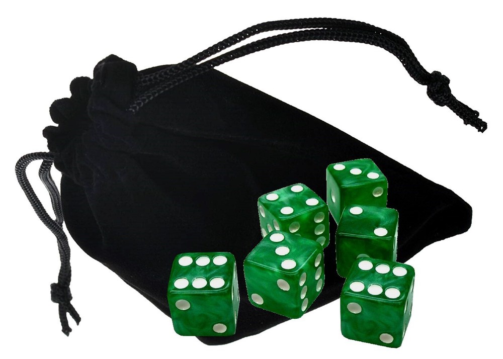 Set (6) 16mm Marbleized Dice Green Squared Corners + Storage Pouch